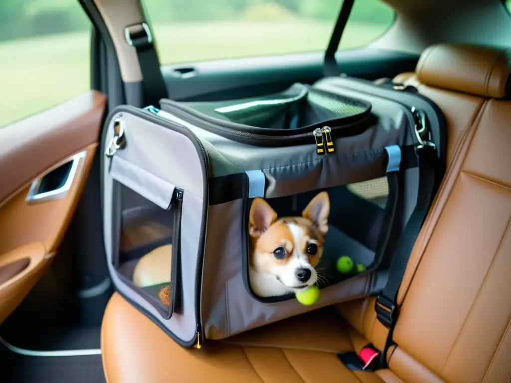 Un accesorio seguro para viajar con mascotas: moderno transportín transparente con compartimentos, una mascota feliz viajando en coche