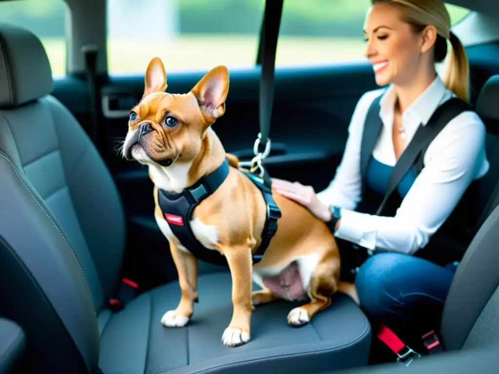 Accesorios seguros para viajar con mascotas: Imagen de arnés de seguridad para mascotas en el asiento del coche, demostración de su resistencia y ajuste personalizado