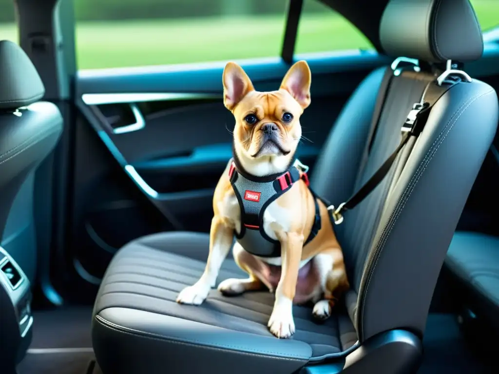 Accesorios seguros para viajar con mascotas: Imagen detallada de un interior de coche moderno con arnés de seguridad para mascotas en un color brillante, con un perro feliz y tranquilo