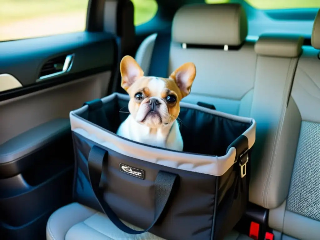 Accesorios seguros para viajar con mascotas: Un perro descansa plácidamente en su resistente transportín, asegurado con el cinturón de seguridad en el asiento trasero de un coche