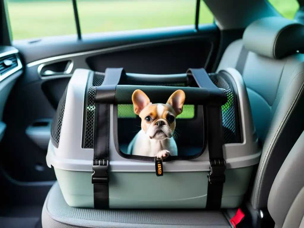 Accesorios seguros para viajar con mascotas: una transportadora resistente en un asiento de coche, con un perro mirando a través de la ventana de malla