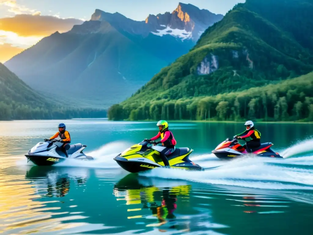 Innovación motos acuáticas eléctricas: Grupo disfruta paseo al atardecer en lago cristalino con motos eléctricas, montañas de fondo y agua dorada