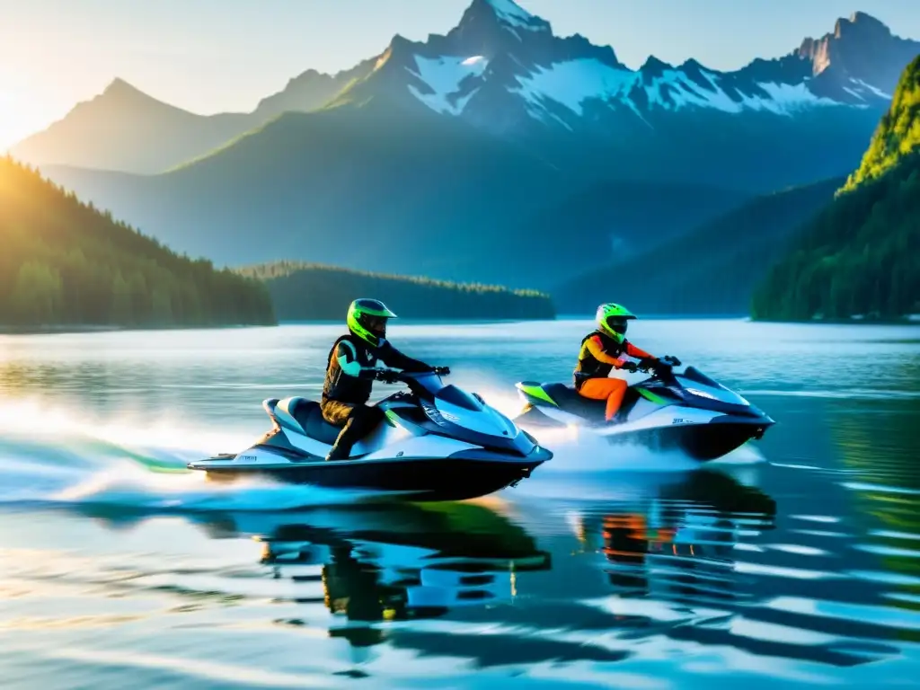 Innovación motos acuáticas eléctricas surcando un lago cristalino al atardecer, rodeadas de montañas