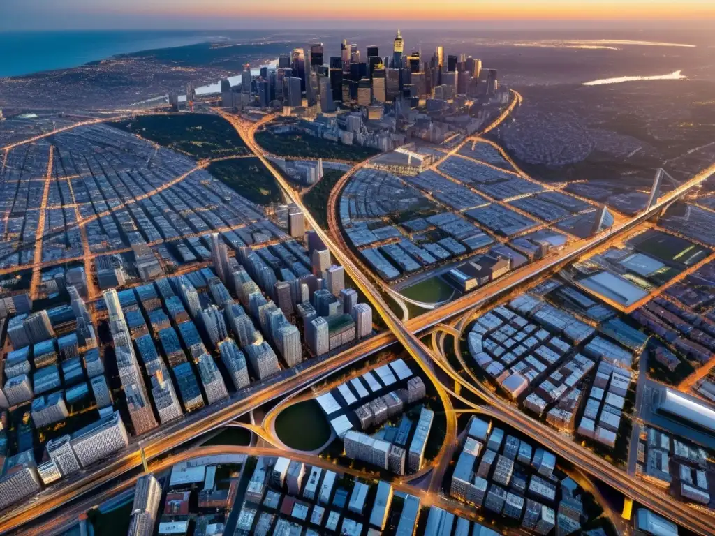 Una fotografía aérea de alta resolución capturando la bulliciosa ciudad al atardecer, resaltando la complejidad de la navegación urbana