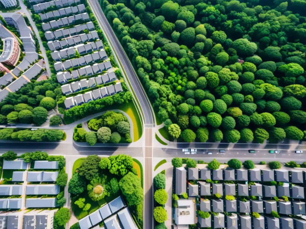 Una fotografía aérea de alta definición muestra un paisaje urbano, resaltando la integración de parques estacionamiento en la expansión urbana