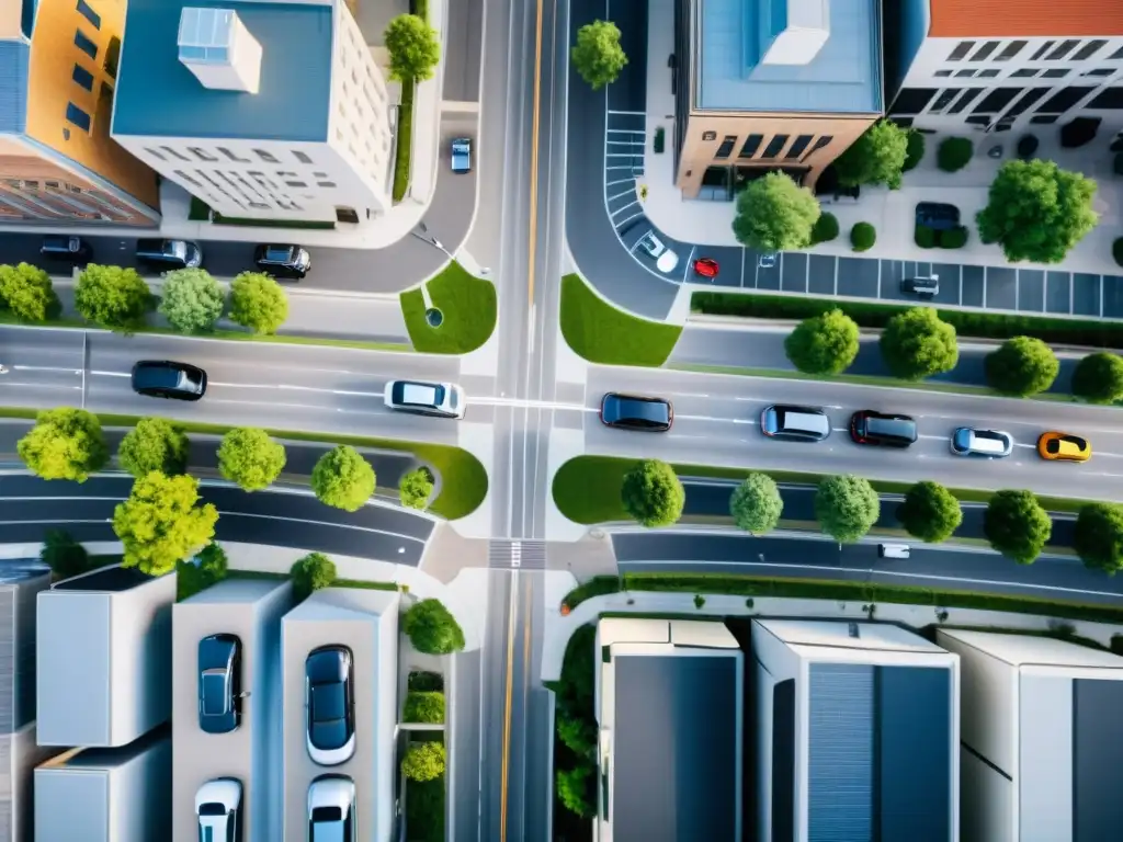 Una fotografía aérea de alta resolución muestra estaciones de carga de vehículos eléctricos integradas en la infraestructura urbana