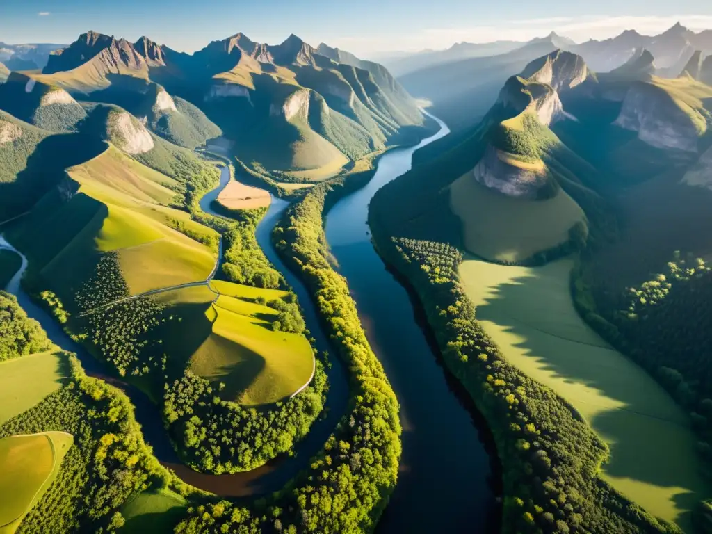 Fotografía aérea revolucionada: impresionante paisaje capturado por drone, destacando ríos, bosques y montañas