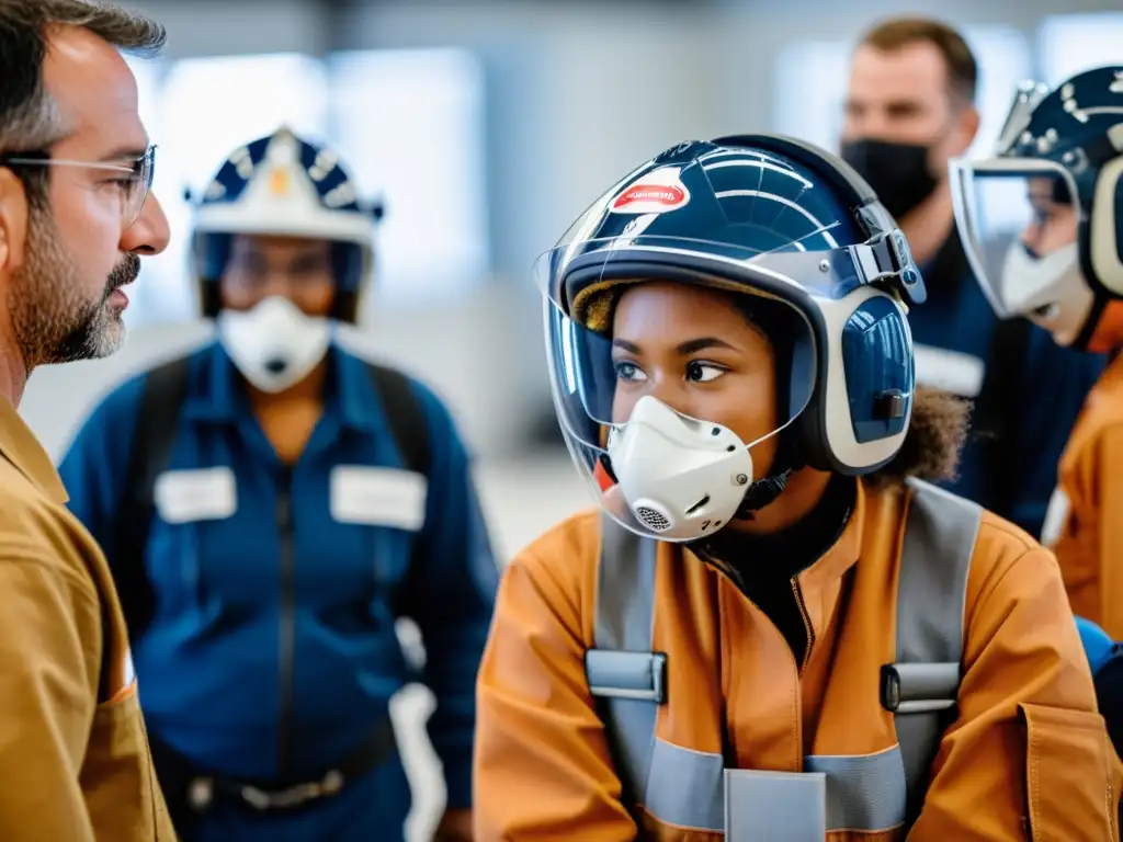 Aeronauticos en entrenamiento, con equipamiento protección personal industria aeronáutica, en ambiente de seguridad y enfoque intenso