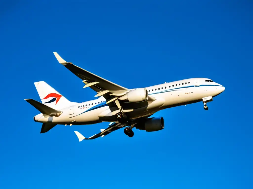 Una aeronave moderna y elegante surca grácilmente el cielo azul, destacando su aerodinámica y diseño de vuelo avanzado