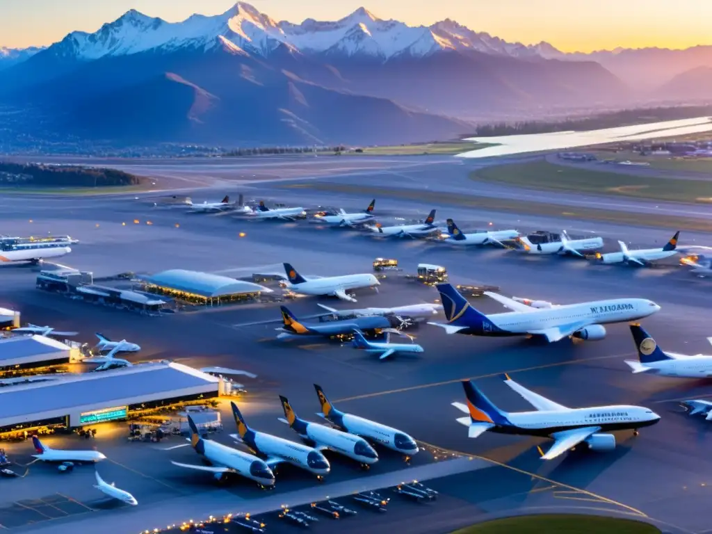 Un aeropuerto bullicioso al atardecer, con aviones en las pistas y montañas nevadas al fondo