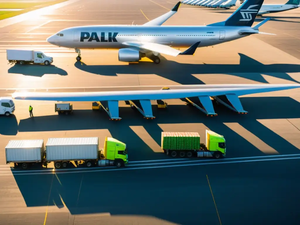 Un aeropuerto de carga bullicioso, con innovaciones logísticas aéreas frías y trabajadores supervisando la carga de productos frescos al amanecer