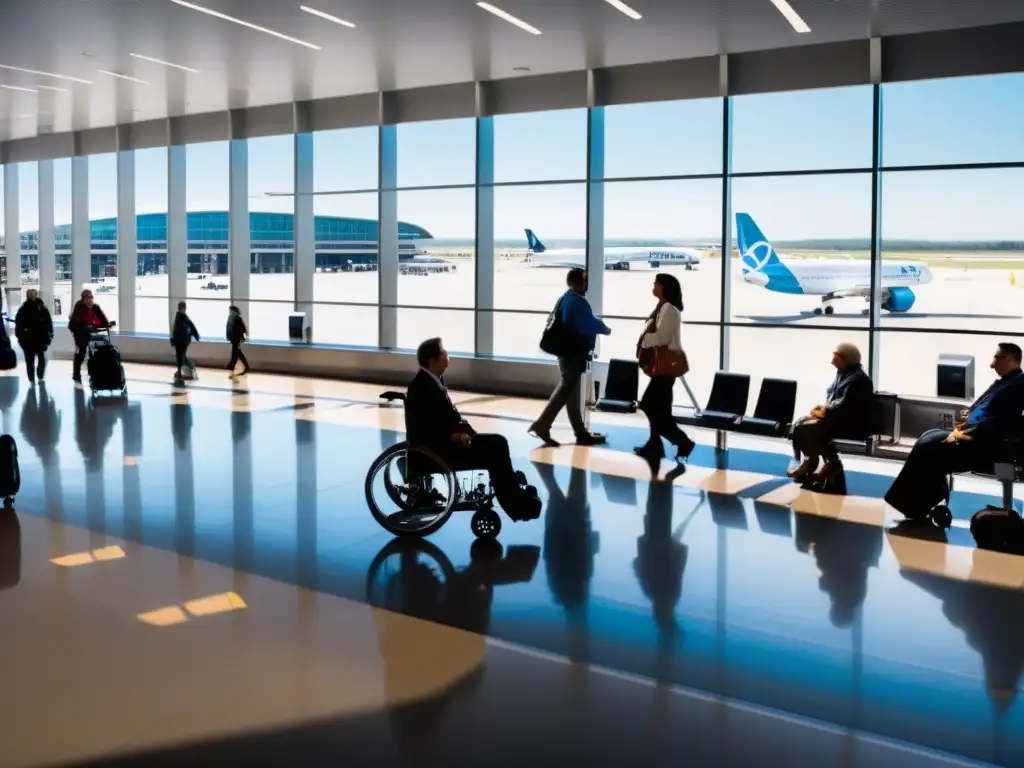 Un aeropuerto moderno y accesible, con viajeros de todas las capacidades disfrutando de vacaciones accesibles para todos