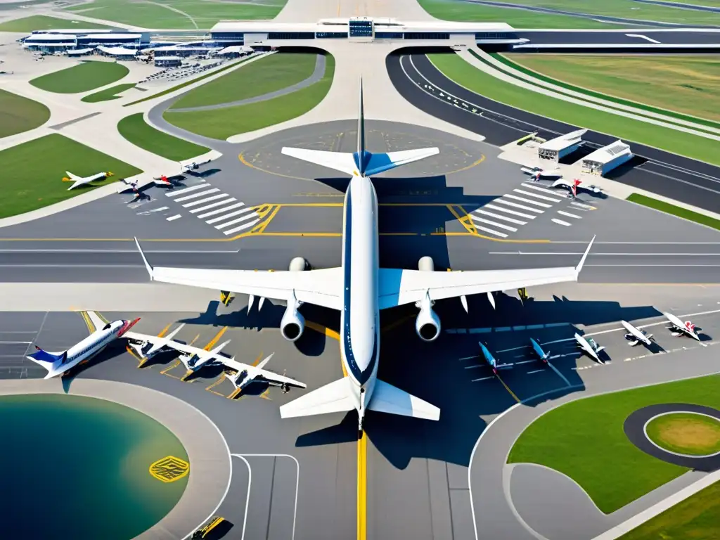 Un aeropuerto moderno con aviones estacionados, pistas ocupadas y paisaje urbano