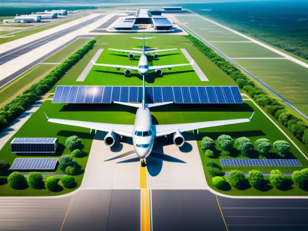 Aeropuerto moderno con paneles solares, vehículos eléctricos y aviones híbridos respetando normativas ICAO aviación sostenible