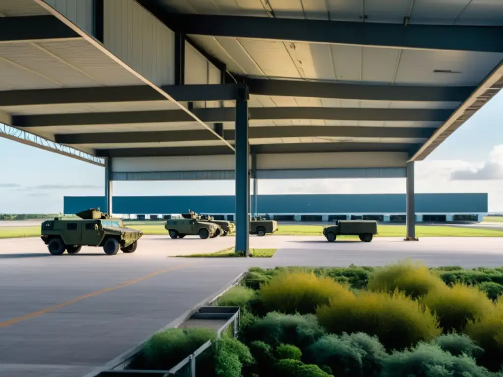 Transformación de aeropuertos civiles en bases militares: antiguo aeropuerto invadido por la vegetación y patrullado por soldados armados