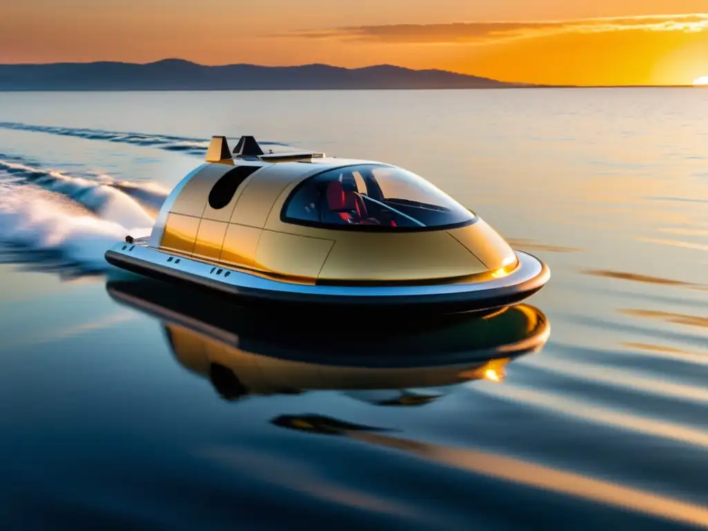 Un hovercraft futurista surca el agua al atardecer, reflejando innovación tecnológica en transporte acuático