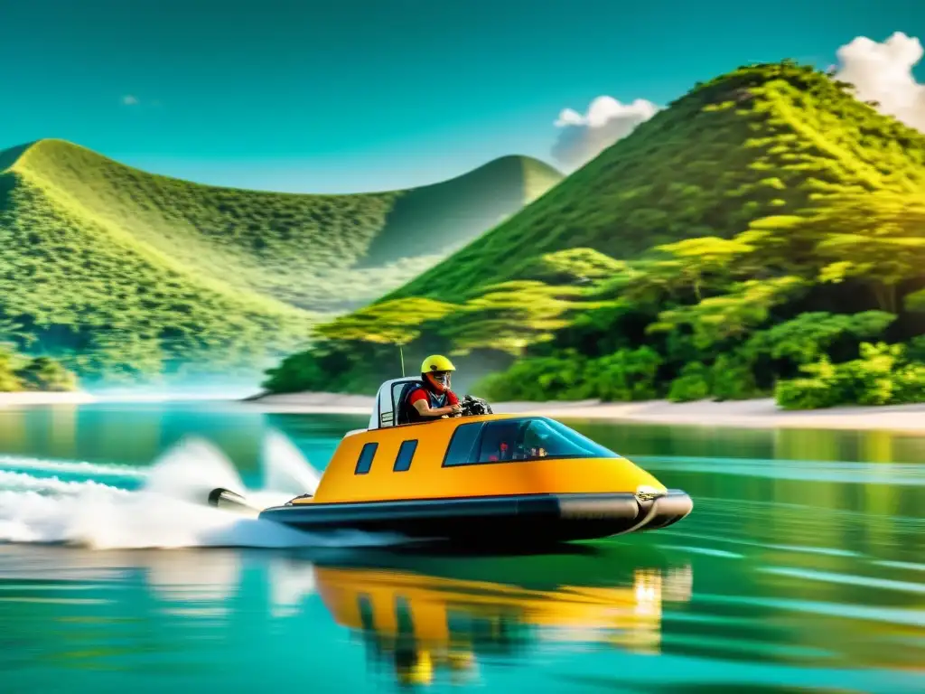 Un hovercraft vintage surca el agua en un exótico paisaje tropical, capturando la esencia de la innovación tecnológica en transporte acuático