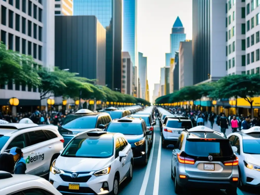 La ajetreada calle de la ciudad muestra vehículos de ride sharing con distintos logotipos, personas entrando y saliendo