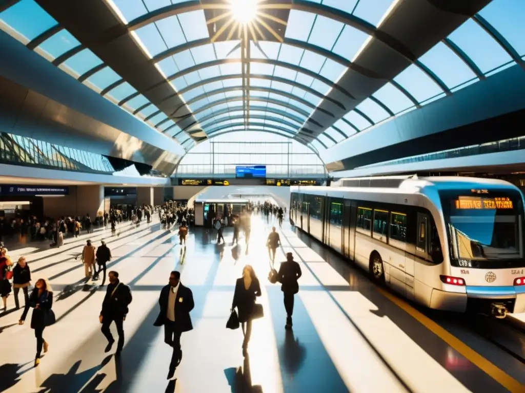 Un ajetreado centro de transporte urbano con buses, trenes y metro