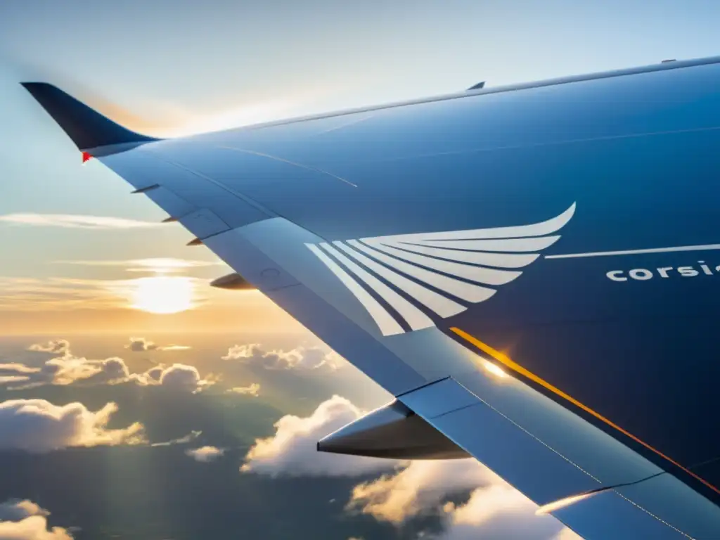 Ala de avión moderna con logo CORSIA, bañada en luz cálida, cielo azul