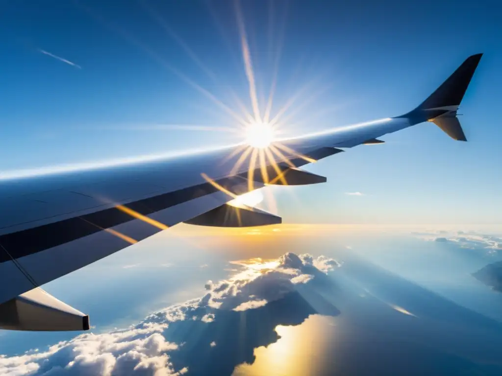 Ala de avión moderna con sensores de tecnología antiturbulencias para vuelo suave, brillando bajo el sol en un cielo azul claro