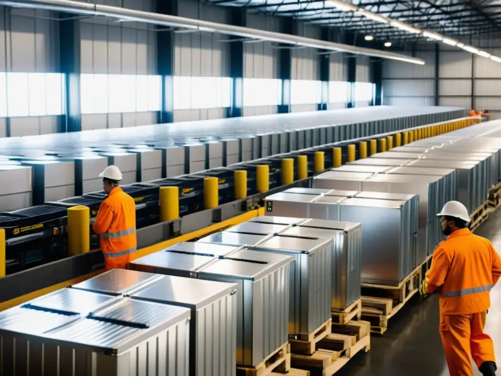 Un almacén industrial bullicioso lleno de unidades de refrigeración plateadas, con trabajadores en uniformes naranjas moviéndose entre ellas