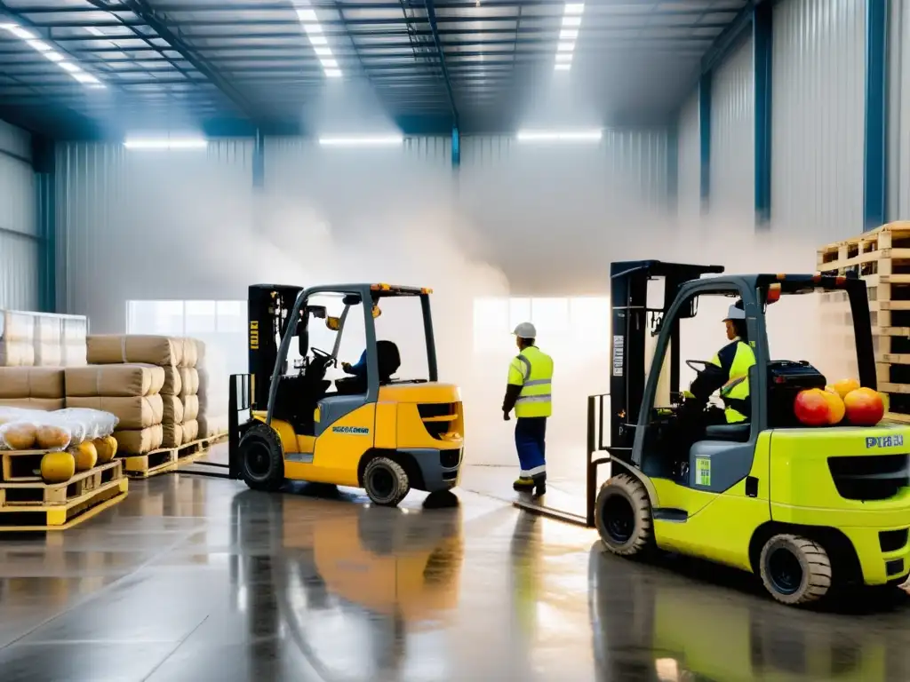 Un almacén industrial bullicioso, trabajadores en chaquetas de alta visibilidad cargan camiones refrigerados con productos frescos