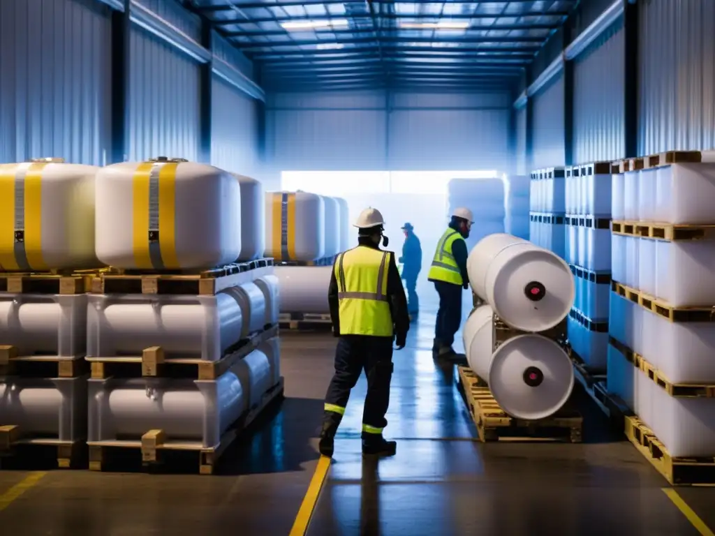 Un almacén frío industrial con trabajadores y estanterías de productos congelados