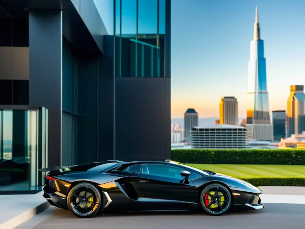 Alquiler de autos de lujo: Lamborghini Aventador negro frente a edificio moderno en la ciudad, reflejando exclusividad y elegancia