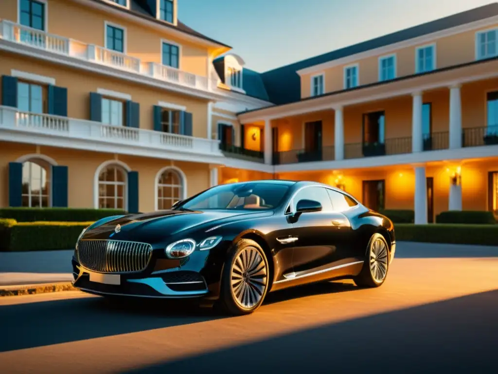 Alquiler de autos de lujo: Un lujoso auto negro frente a un elegante hotel al atardecer, reflejando sofisticación y lujo