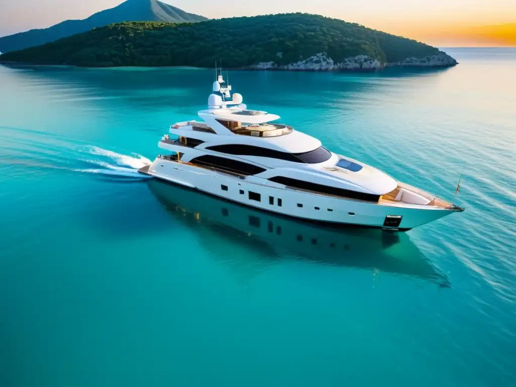 Alquiler de Embarcaciones de Lujo: Yate de lujo anclado en una bahía turquesa, con el sol poniéndose detrás, iluminando su diseño moderno