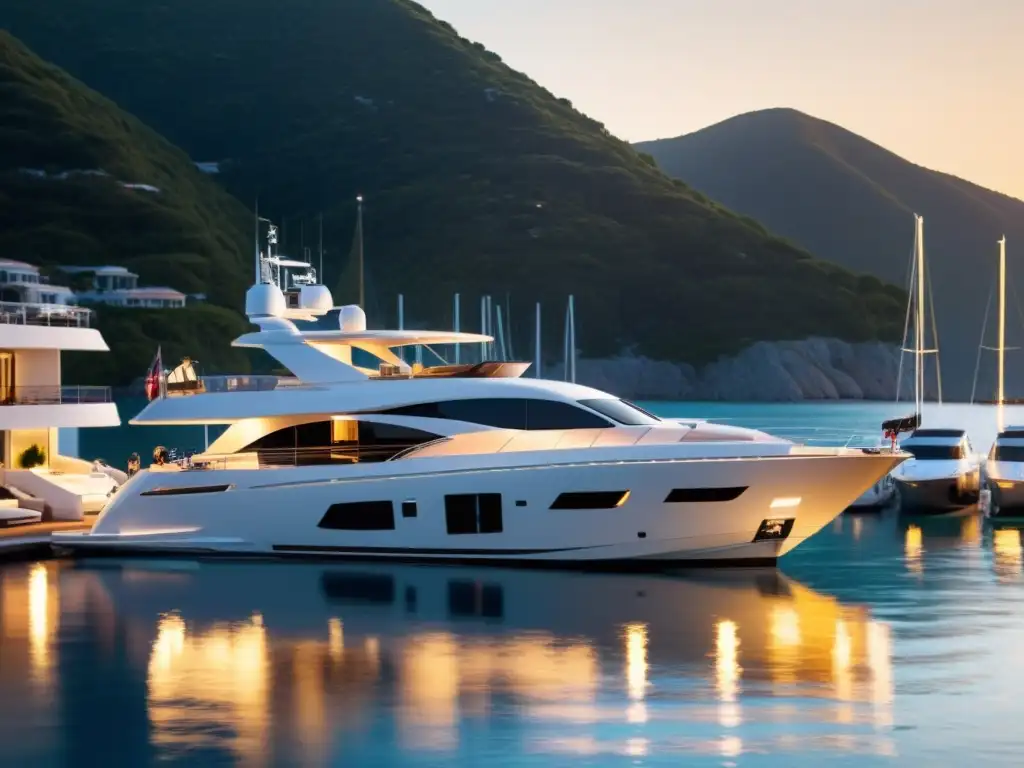 Alquiler de Embarcaciones de Lujo: Un yate lujoso en una marina glamorosa al atardecer, con un ambiente sofisticado y exclusivo