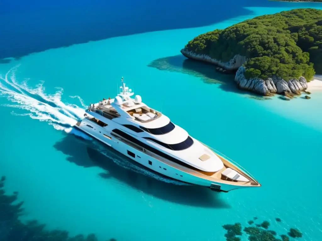 Alquiler de Embarcaciones de Lujo: Yate moderno navegando en aguas turquesas, invitados disfrutando de cócteles en cubierta, costa lujosa al fondo