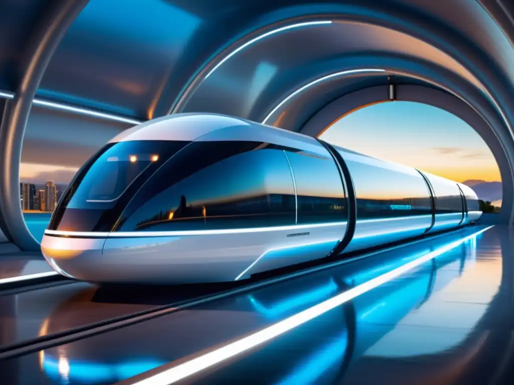 Pod de alta velocidad del Hyperloop en tubo transparente, mostrando la infraestructura clave del Hyperloop y su avanzada tecnología de transporte