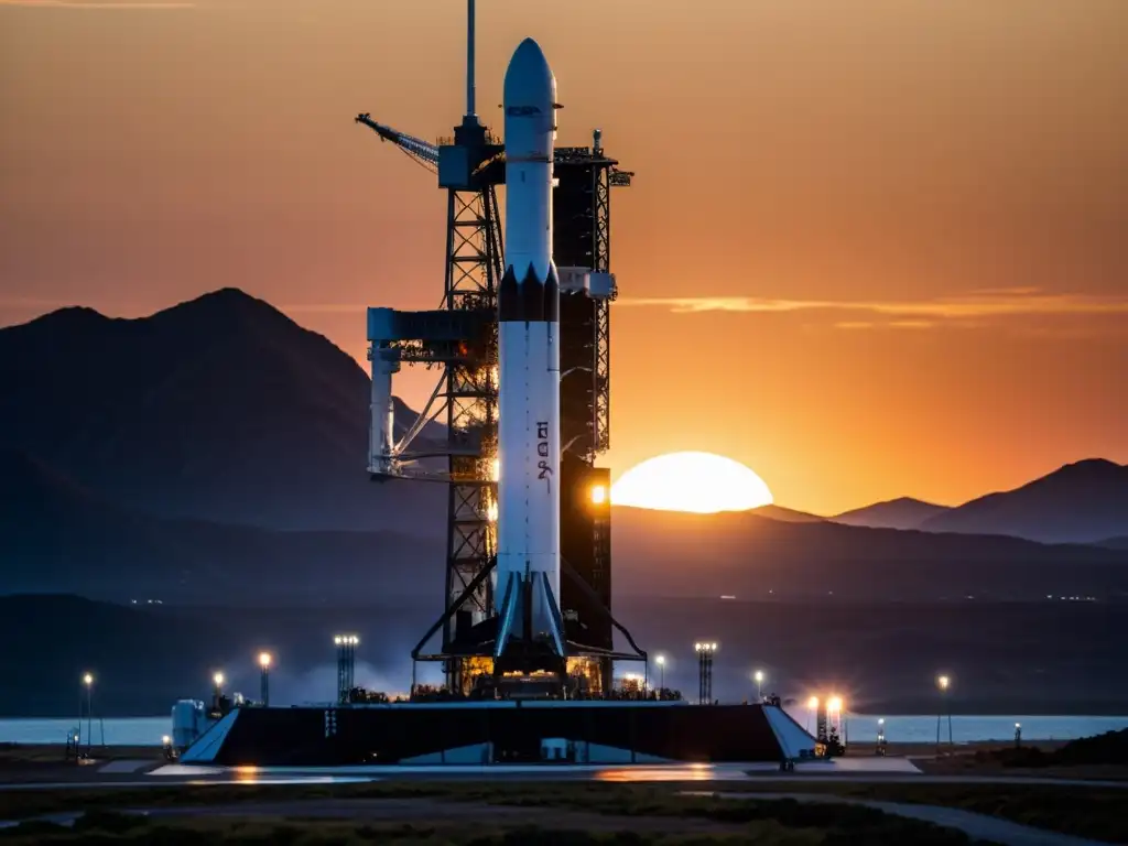 Un amanecer cálido ilumina un Falcon 9 de SpaceX en la plataforma de lanzamiento, rodeado de ingenieros y técnicos