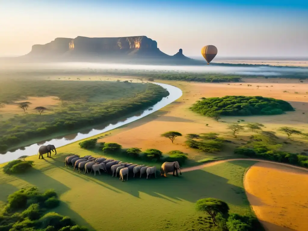 Un amanecer impresionante sobre la sabana africana, con elefantes pastando y un globo aerostático a lo lejos