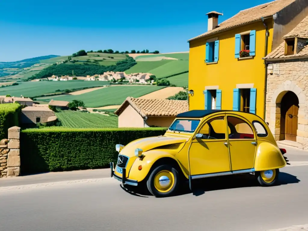 Un Citroën 2CV amarillo brillante frente a un encantador pueblo francés