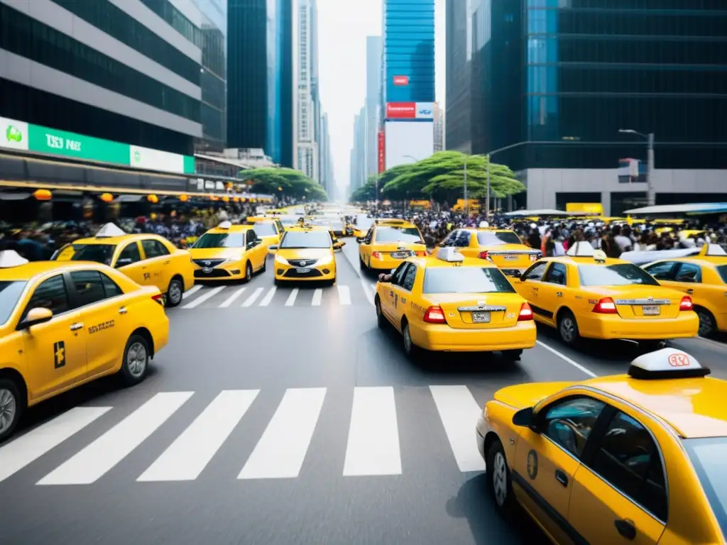 Una animada calle de la ciudad muestra la coexistencia entre taxis tradicionales y vehículos de transporte compartido