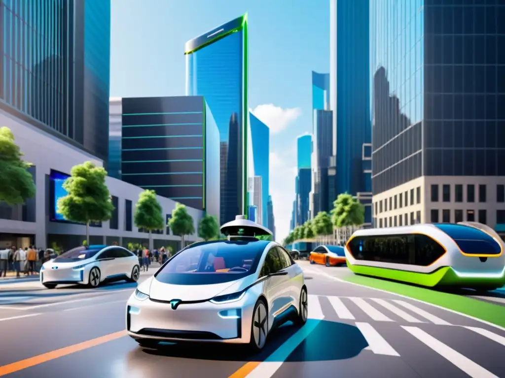 Una animada calle de la ciudad del futuro con vehículos eléctricos autónomos y rascacielos futuristas