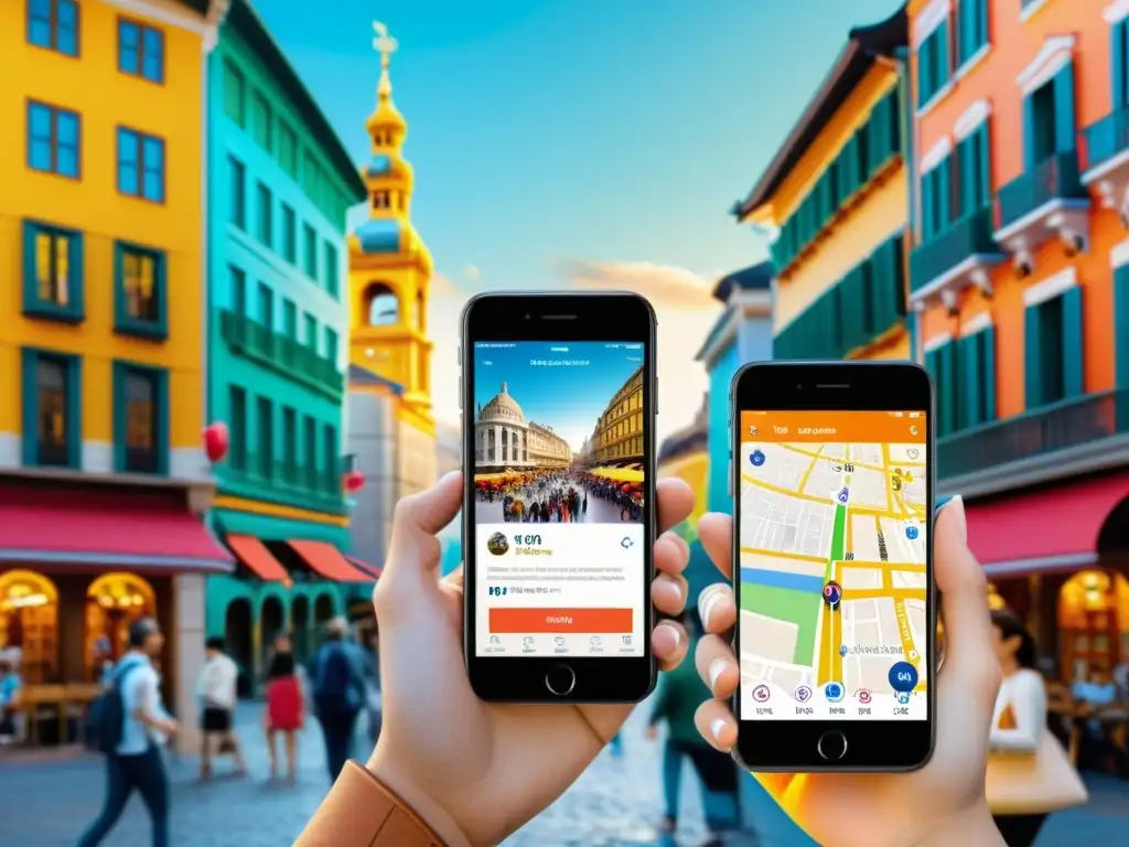 Una animada calle de la ciudad llena de turistas utilizando apps de navegación para turismo en sus smartphones