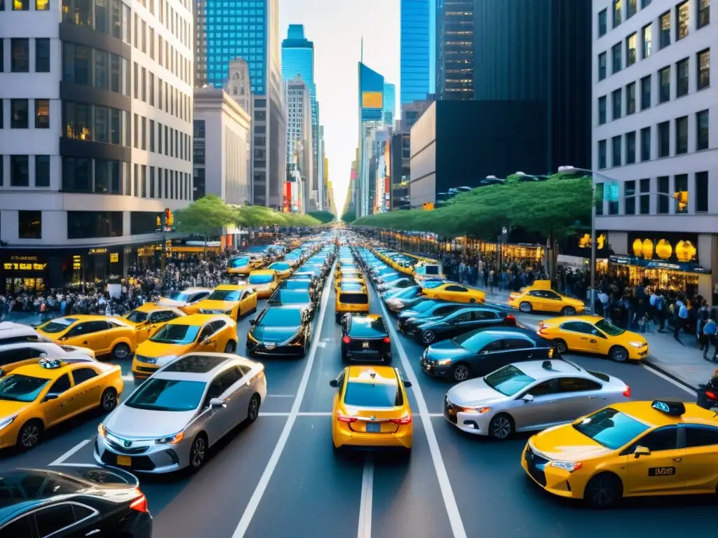 Una animada calle de la ciudad llena de coches, taxis y vehículos de transporte privado