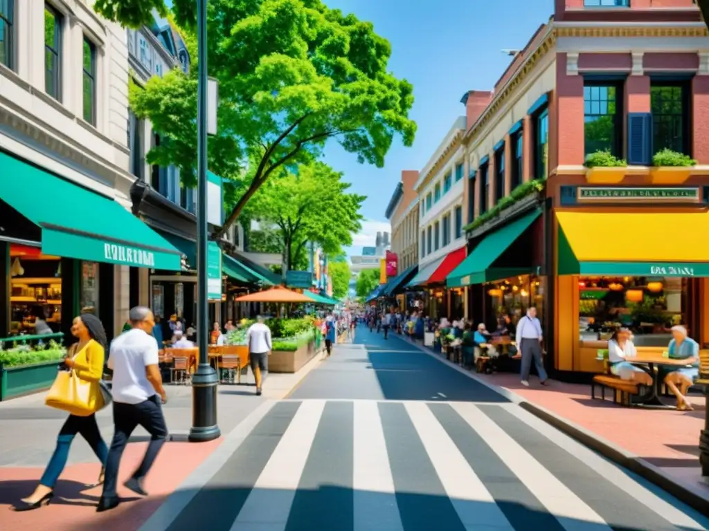 Una animada calle de la ciudad para recorrer a pie, llena de diversidad y vitalidad, con cafés al aire libre y una arquitectura vibrante