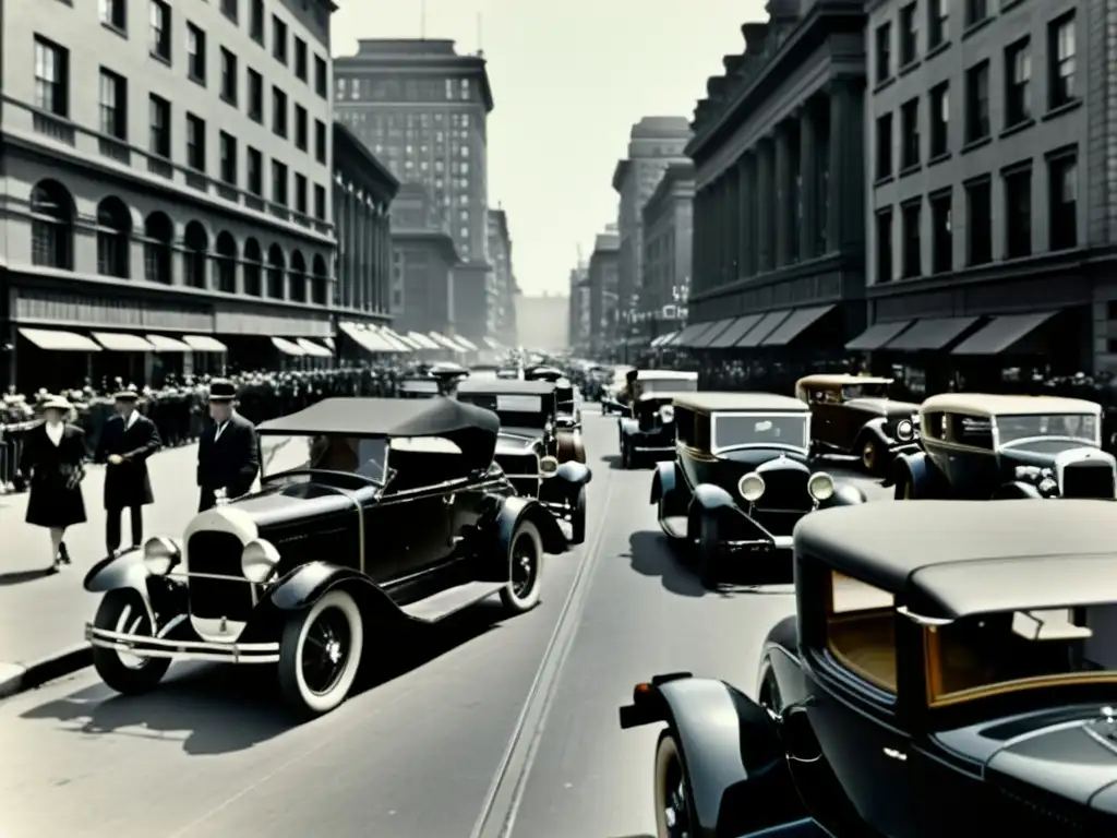 Una animada calle de la ciudad del siglo XX refleja la evolución de los automóviles y la percepción pública del automóvil en el siglo XX