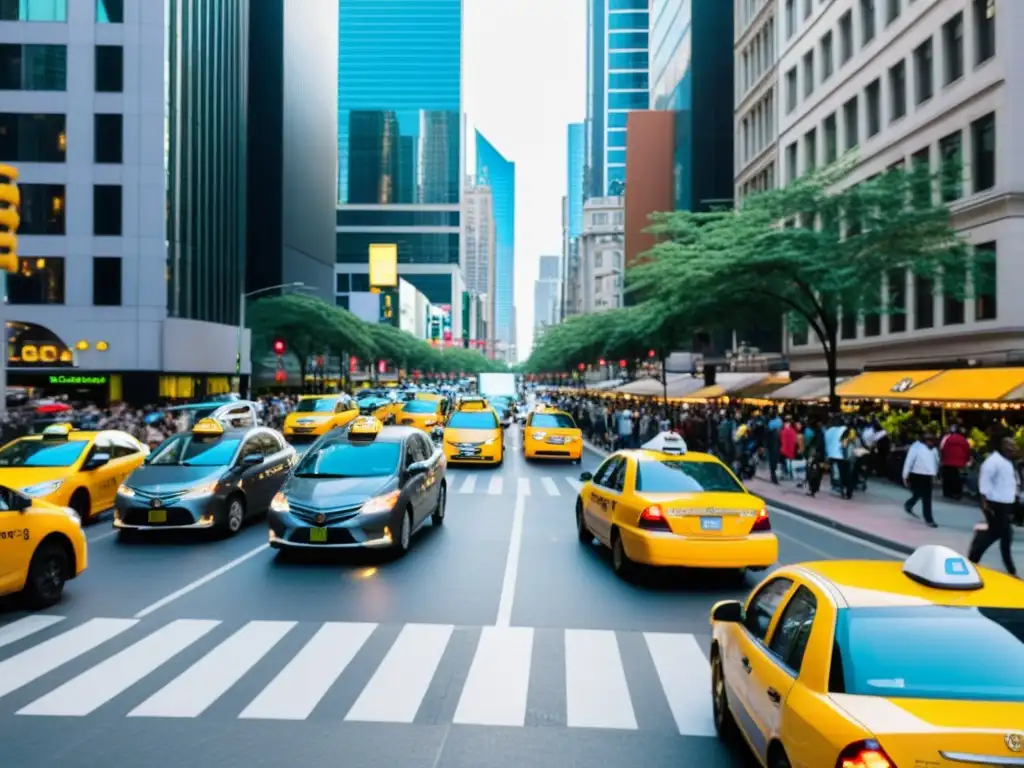 Una animada calle de la ciudad con tráfico diverso y peatones, reflejando el impacto social y económico del transporte colaborativo