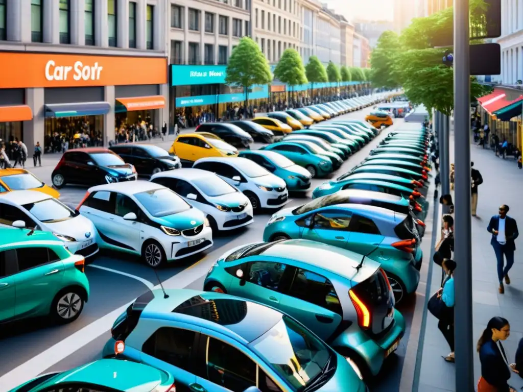 Una animada calle de la ciudad con usuarios y vehículos de car sharing, reflejando modernidad y sostenibilidad