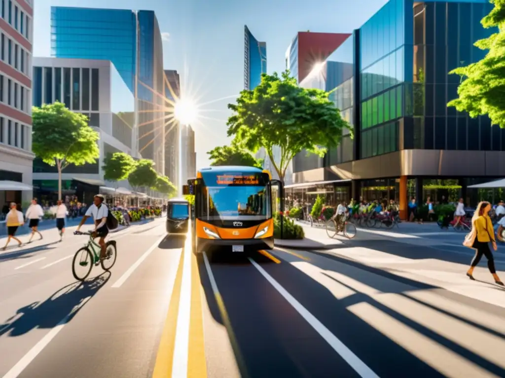 Una animada calle urbana con transporte sostenible y modernos edificios