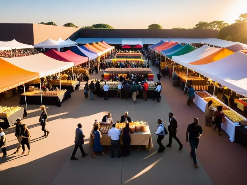 Un animado evento con diversidad de personas, actividades y ambiente festivo al atardecer