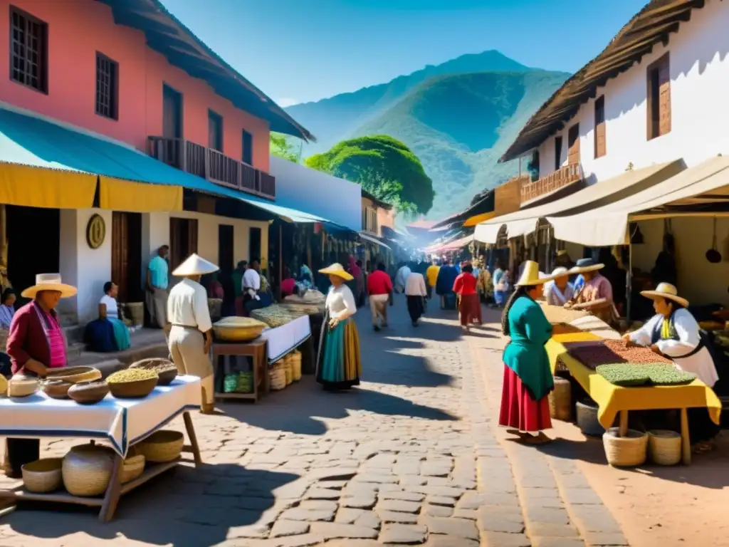 Animado mercado colonial en América Latina, con comerciantes de diversas culturas intercambiando productos como plata, textiles y especias