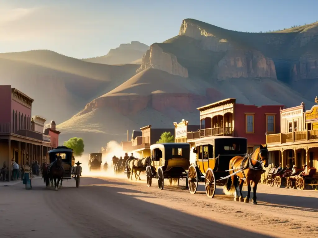 Un animado pueblo del Viejo Oeste con diligencias, vaqueros y nativos americanos, bañado por una cálida luz dorada al atardecer