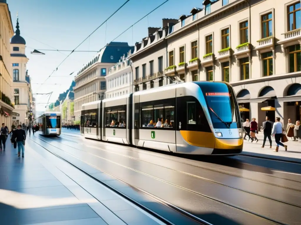 Un animado tranvía en una ciudad europea, reflejando la vida cotidiana y la coexistencia entre lo tradicional y lo moderno